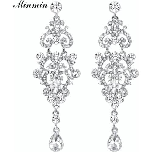 Minmin Vintage Teardrop Gold/Silver Color Crystal Female Long Drop Earring Chandelier Bridal Earrings Wedding Jewelry EH189