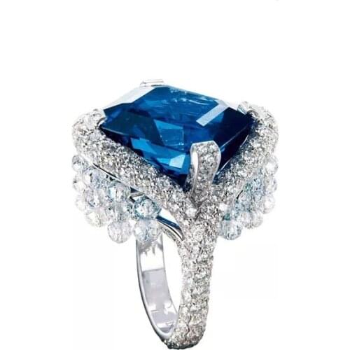 Womens Fashion 925 Silver Color Ring Elegant Luxury Blue Gemstone Jewelry Wedding Engagement Party Ring Size 5-11