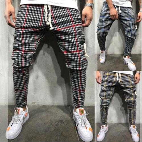 M-3XL Gym Men Pants Trousers Casual Skinny Plaid Tracksuit Bottoms Skinny Joggers Sweat Track Pants Streetwear