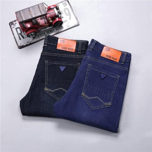 Male Business Casual Solid Color Stretch Cotton Denim Pant 2021 Autumn Men Blue & Black Classic Style Slim Straight Jeans Bran