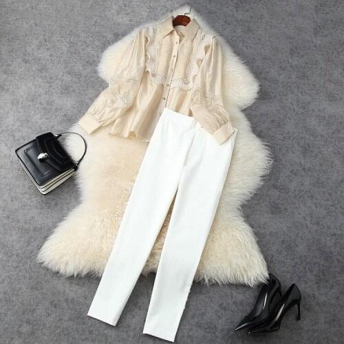 New 2021 Spring Long Sleeve Lace Shirt 7 Minutes of Pants Fashion Suits European and American Womens Clothing