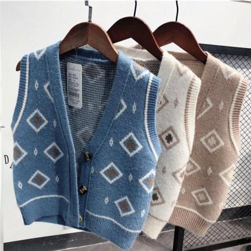 Autumn Boy Knitting Vest Kids Fashion Casual V Neck Waistcoat Korean Rhombus Cashmere Knit Vest For Boy Child Sleeveless Jacket