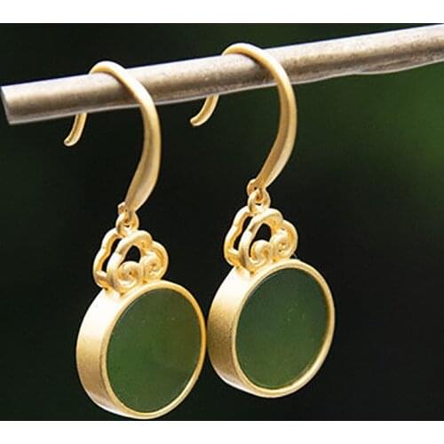 SNewsilver inlaid natural Hetian jade mirror round earrings niche design cool style temperament high sense womens brand jewelry