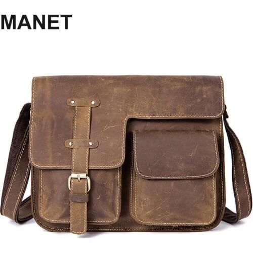 MANET Genuine Leather Bag Men Vintage Shoulder Bags Designer Messenger Bag Multifunctional Men Handbags Waterproof Bolsa Movil