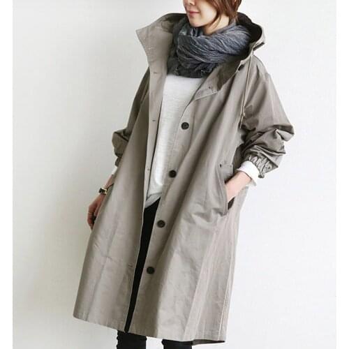 Spring Autumn Trench Coat Women Casual Long Sleeve Hooded Medium Long Overcoat Plus size loose Long sleeve Windbreaker Coats