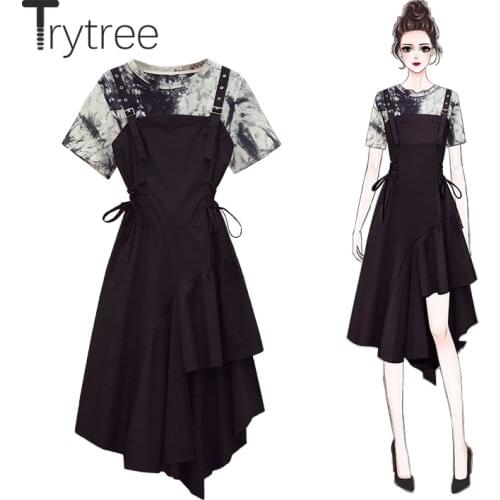 Trytree Summer Women Two Piece Set Casual Tie Dye Cotton Top + Sling Dress A-line Asymmetrical Hem Cool Streetwear 2 Piece Suit