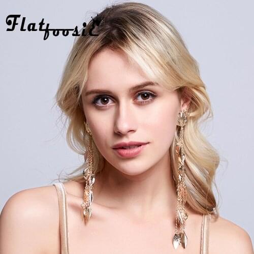 Flatfoosie Gold Color Leaf Long Drop Earrings For Women Bohemian Flower Vintage Tassel Fringe Hanging Dangle Earring Jewelry New
