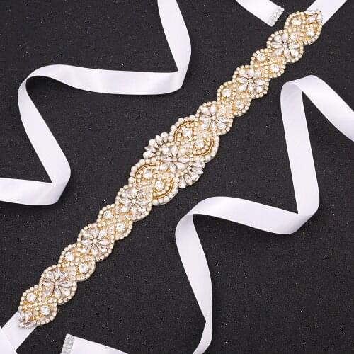 SESTHFAR Bridal Belt with Rhinestones Wedding Dress Belt Crystal Headband Bride Bridesmaids Sash, Gold