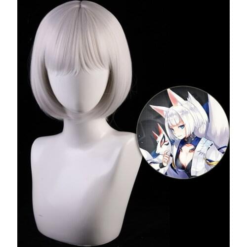 Azur Lane Cosplay Wig Ijn Kaga Women Hair Synthetic Silver Grey Short Bob Wigs Halloween Costume Kaga Hairpiece
