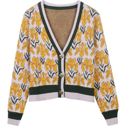 Runway Fashion New Ladies Sweater Long Sleeve V-Neck Floral Embroidered Slim Yellow Knit Cardigan Jacket Coat 2021