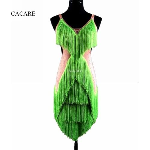 CACARE Latin Dance Dress Women Latin Dance Competition Dresses Fringed Dress Salsa Costumes Ballroom D0146 Tassels Rhinestones