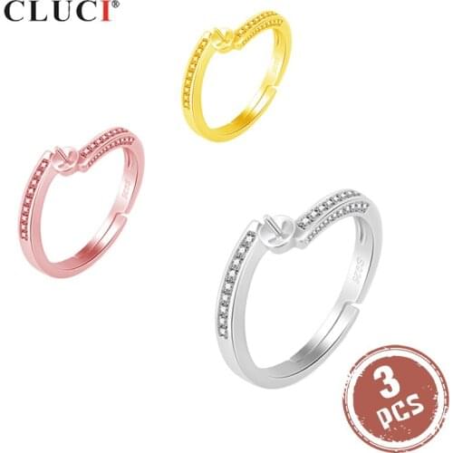 CLUCI 3pcs 925 Sterling Silver Geometric Rings Women Jewelry Rose Gold Pearl Ring Mounting Silver 925 Adjustable Ring SR2164SB