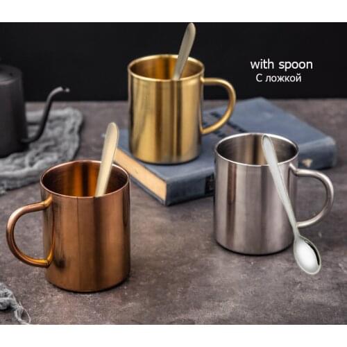 400ML Stainless Steel Double-Wall Water Cup Office coffee Mug Vintage Tea Cup With Spoon Double Anti-Scald Beer Mug Milk Cup