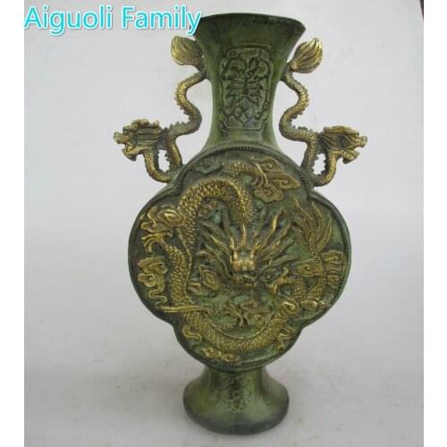 AAA+Rare Chinese Old Bronze Carved Dragon 2 Ears Vase /Art Vase Craft For Home Decoration Antique Collection