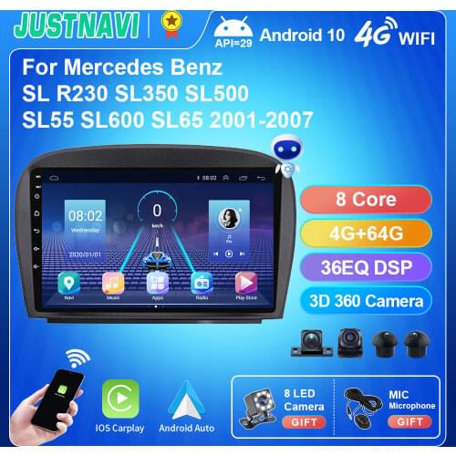 JUSTNAVI 4G 64G Car Radio For Mercedes Benz SL R230 SL350 SL500 SL55 SL600 SL65 2001-2007 Carplay Stereo DSP Navi OBD 360 Camera