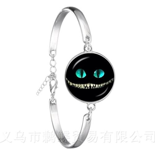 Alice In Wonderland Bracelet Cheshire Cat 18mm Glass Round Dome DIY Jewelry Silver Plated Bangle For Women Gift