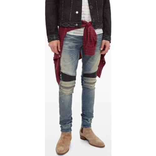 American Street Fashion Men Jeans Retro Blue Elastic Slim Fit Ripped Jeans Men Spliced Designer Hip Hop Denim Punk Biker Pants