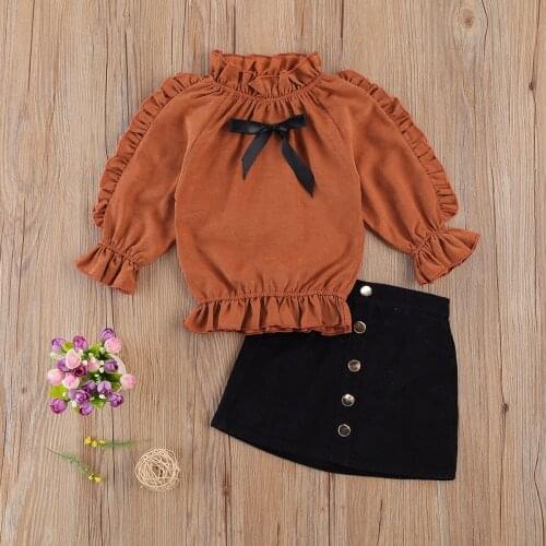 Elegant Toddler Baby Girl Princess Outfits Suits Ruffle Solid Long Sleeve Bowknot Decoration Top+ Metal Buttons Half Skirts Set