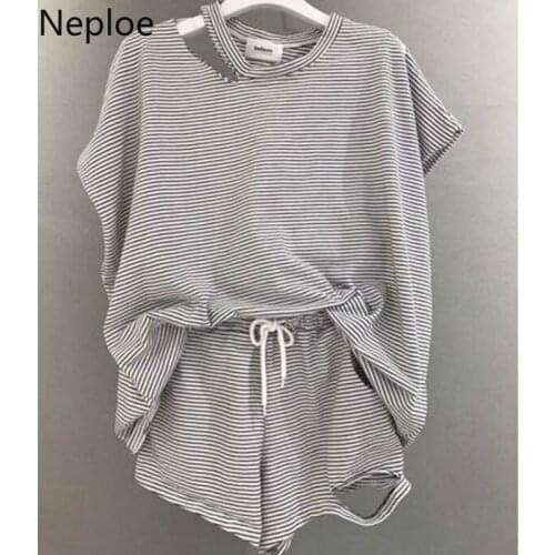Neploe Striped 2 Piece Set Women O Neck Short Sleeve T Shirts+Hole Lace Up Stretch Waist Wide Leg Shorts Fashion Suits 1D637