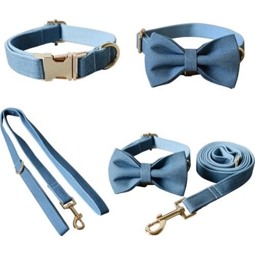 Cowboy 01 The Cowboy Blue Free Engrave Fabric Dog Collar Leash Set For Medium Big Necklace With Bow Tie Name Necklace