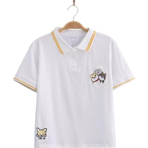 Summer Japanese Teen Girls T shirts Women New Fashion White Crop Tops Cute Cartoon Graphic Embroidery Tee Shirts Pink Yellow