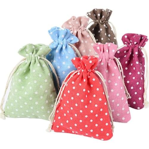 White Dots Double Drawstring Cotton Linen Muslin Small Party Gift Bags 10*14cm Drawstring Bags For Jewelry Coin