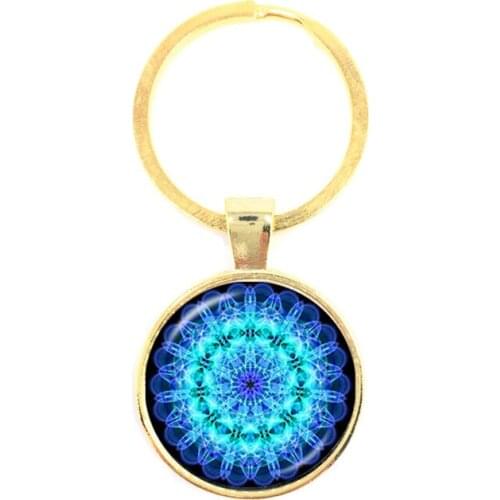 Green & Blue Mandala Glass Dome Key Chains Buddhist Sacred Geometry Jewelry Spiritual Yoga Jewelry Gift, Mens Keyring