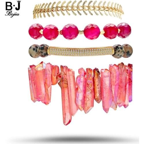 Bojiu Fashion Woman Bracelets Hot Pink Ag. Bead Yellow Gold Fishbone Chain Laddy Beaded 4pcs/set Bracelet Set BCSET51