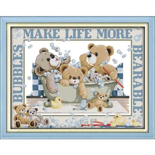 Bubble bath bears cross stitch kit cartoon animal 14ct 11ct count print canvas stitching embroidery DIY handmade needlework plus