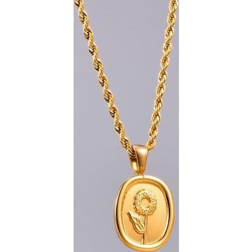 Stainless Steel Gold Sunflower Women Pendant Necklace Jewelry Minimalism Coin Flower Rope Chain Link Gift For Him