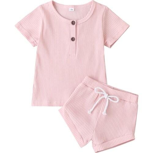 Newborn Kids Baby Girls Boys Clothes Short Sleeve Solid Color Ribbed Top T Shirt Shorts Summer Outfits Set