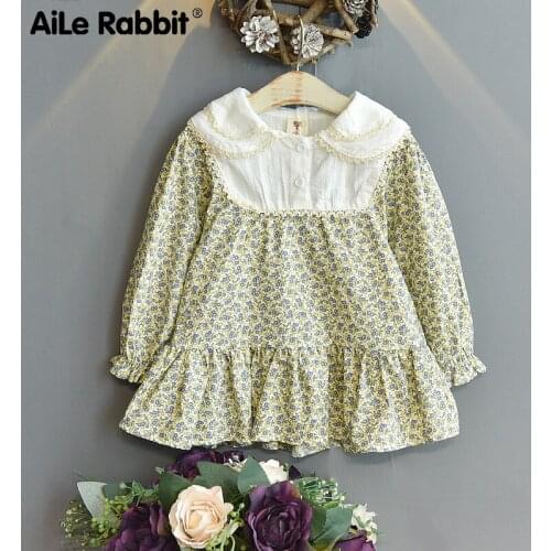 Girls Dress Spring And Autumn 2021 New Foreign Style Floral Long Sleeve Collar Splicing Girls Dress