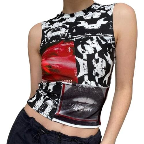 2021 Womens Summer Tank Tops, Stylish Lips Geometric Print Sleeveless Round Neck Slim Fit Crop Tops