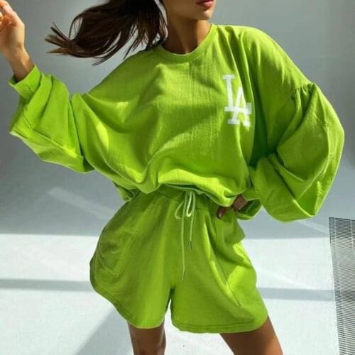 Spring and Summer New Casual Printing Loose Long-sleeved Sportswear Womens Pink Top and Shorts Suit Sexy 2-piece Set