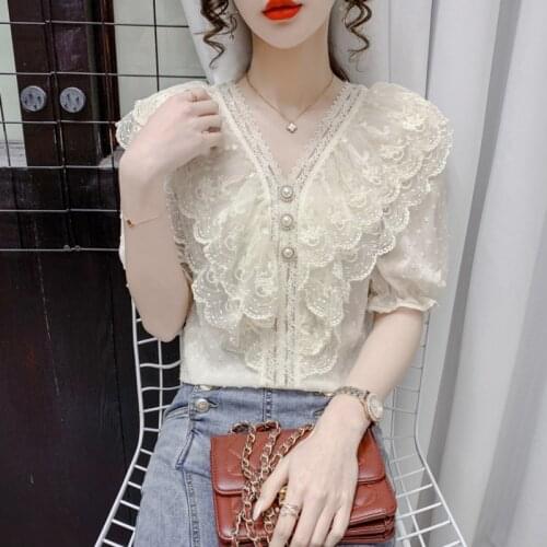 Women Summer Palace Shirts V Neck Sweet Ruffled Doll Pearl Buttons Layered Ruffle Tops Lace Crochet Party Work Business Blouse