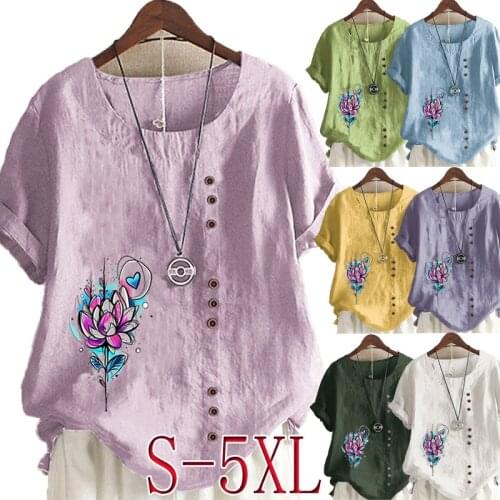 Womens New Summer Fashion Casual Linen Shirt Round Neck Printing T-shirt Short Sleeve Tops Loose Blouse S-5XL