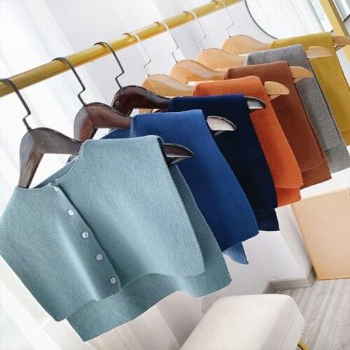 Women Autumn Knitted Big Shawl Button Down Round Neck False Fake Collar Solid Color Warmer Detachable Short Poncho Capelet