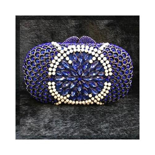 Blue Crystal Patchwork Women Nightclub marry Bride Evening Bag Hard Case Metal Minaudiere Handbag Wedding Cocktail Clutch Purse