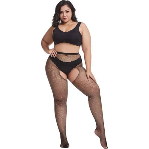 Womens Hollow Black Sexy Open Crotch Pantyhose Shiny Diamond Mesh Stockings Super Stretch Soft Large Size Fishnet Pantyhose