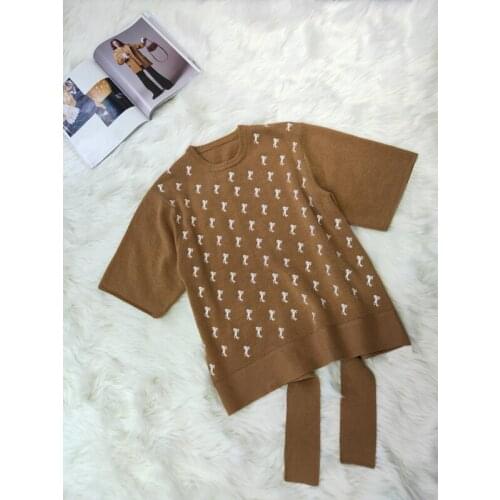 !! 11.10 Hot Sale Winter New Fashion Embroidery Pattern Short Sleeve Wool Knitted Sweater Women Asymmetric Hem Pullover Knitwear