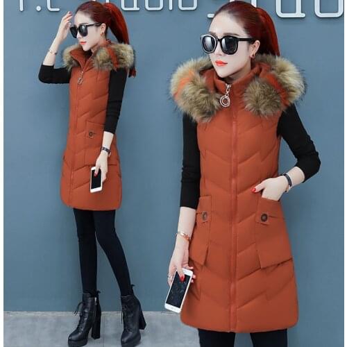 SWREDMI Fur Collar Womens Winter Vest Long Waistcoat Female Jacket Coat Sleeveless Thick Warm Vest Hooded For Girls M-3XL