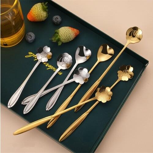 2021 Stainless Steel Coffee Spoon Gold Long Handle Tea Spoons Drinking Flatware DropShipping Cherry Blossom Spoon Mixing Spoon