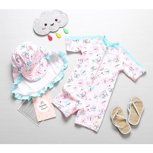 2021 New Arrival Baby One-piece Swimsuit Female Infant Butterfly Sunscreen Children Surf Bodysuit With Hat