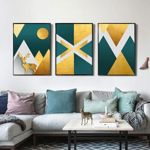 Abstract Mountain Poster Golden Deer Canvas Painting Geometric Wall Art Pictures For Living Roome Modern Home Decorative Prints