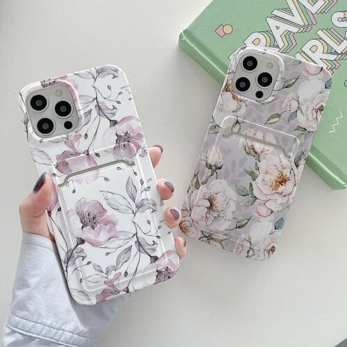 Card Holder Phone Case For iPhone 11 12 Pro Max X XR XS Max 7 8 Plus SE 2 Fashion Beautiful Flower Soft TPU For iPhone 11 Case