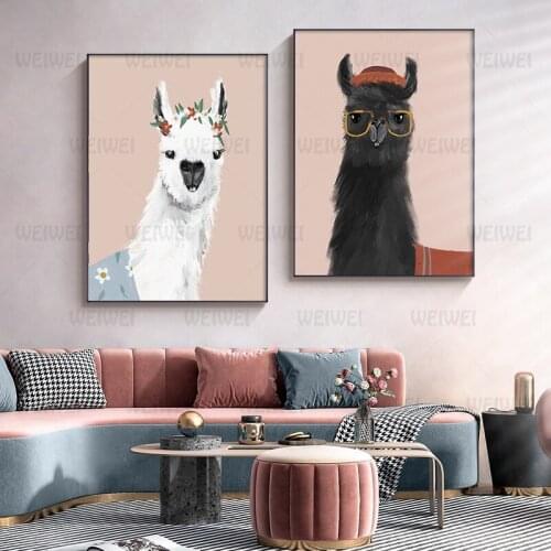 Black and White Alpaca Canvas Painting Home Decor Poster Animal Wall Picture for Living Room Wall Decor Posters and Prints