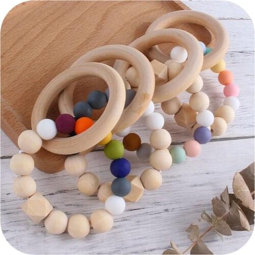 Baby Nursing Bracelets Rainbow Silicone Teether Wood Teething Rattles Nursing Toys Gift