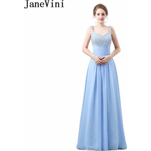 JaneVini Elegant V Neck Sky Blue Bridesmaid Dress Formal Floor Length Beaded Long Wedding Party Dress Sequin Chiffon Party Gowns