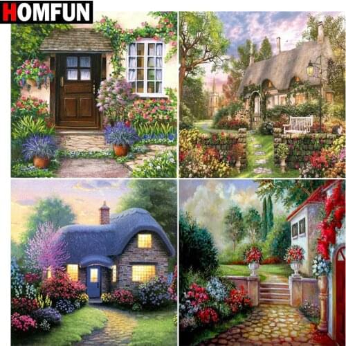 HOMFUN Diy 5d Diamond Painting "House garden flower" Cross Stitch Square Round Diamond Embroidery Handwork Rhinestone Art