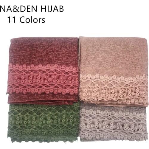 Good quality pure color with lace scarf muslim polyester women hijabs patchwork fashion bandana shawls 10pcs/lot fast shipping